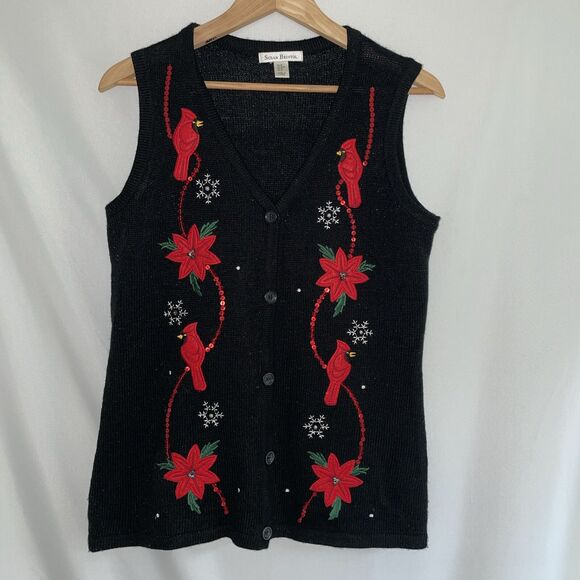 VTG Susan Bristol Christmas Holiday Vest Red Cardinals Birds Sequins Poinsettia - Picture 1 of 8